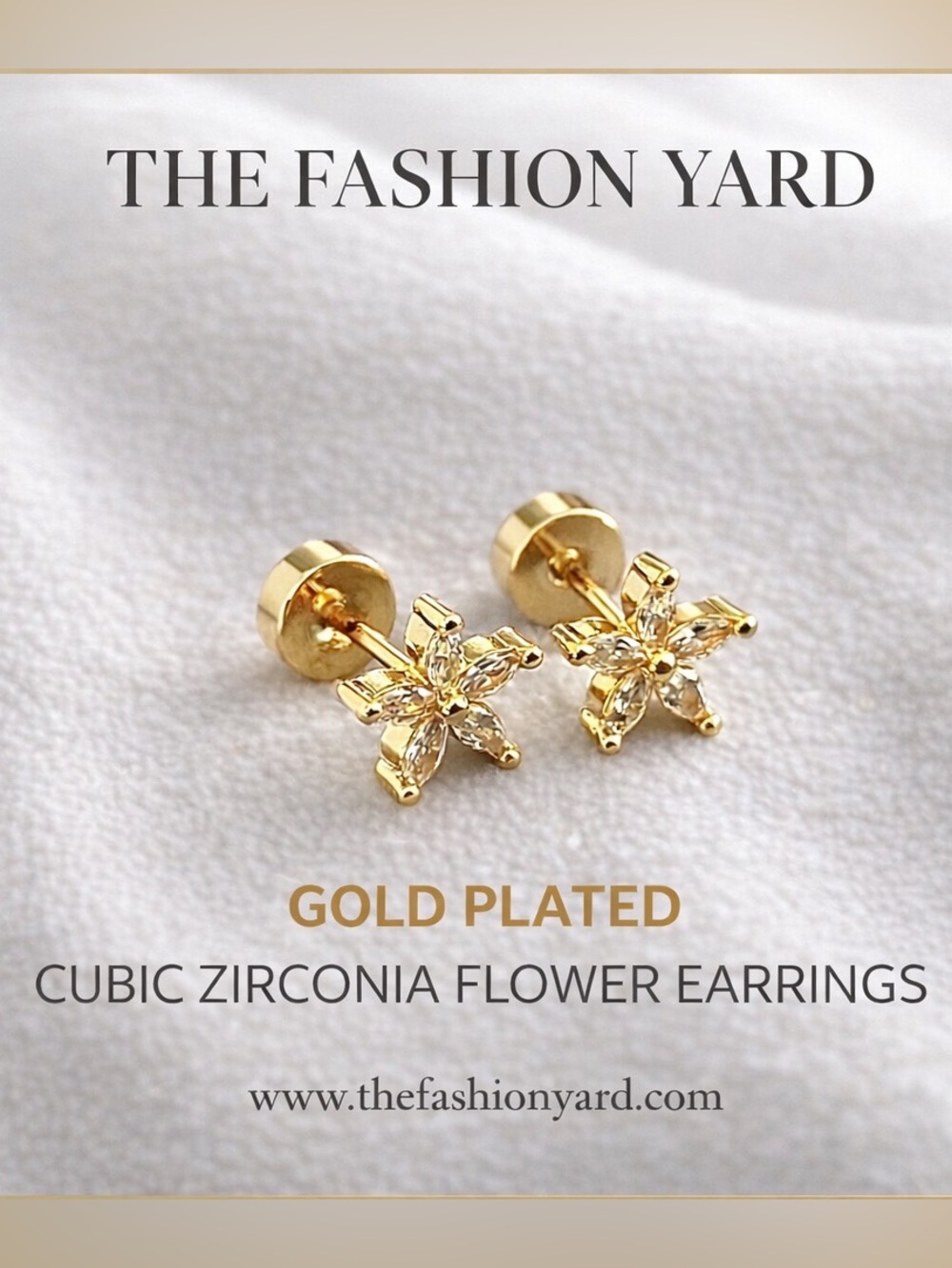 14k Gold plated cubic zirconia flower screw back earrings